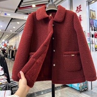 时尚翻领颗粒绒外套女短款保暖显瘦减龄毛茸茸上衣加绒加厚妈妈装