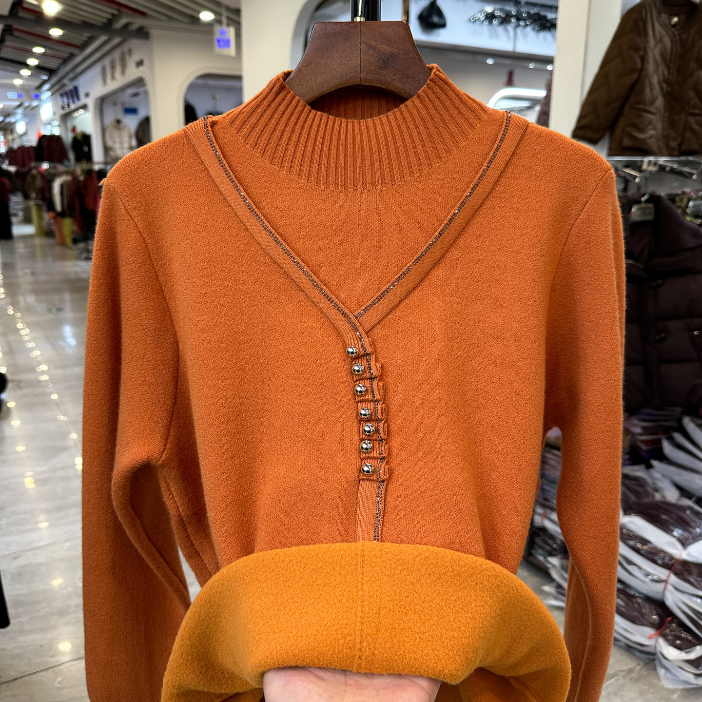 通勤立领加绒假两件毛衣女打底衫