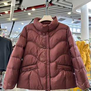 高档洋气立领刺绣棉服女冬宽松通勤紫色长袖外套保暖羽绒服妈妈装