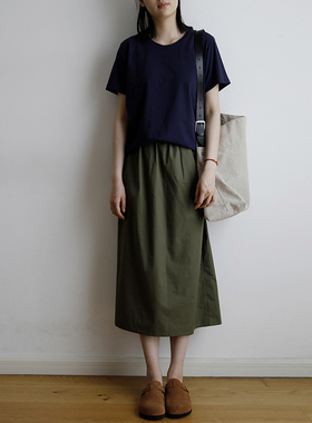 艺间出品日系简约纯色宽松纯棉圆领短袖女士t恤2025春夏藏蓝白色