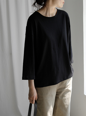 艺间出品 日系宽松纯棉七分阔袖圆领女 2025春有质感的黑色Tee