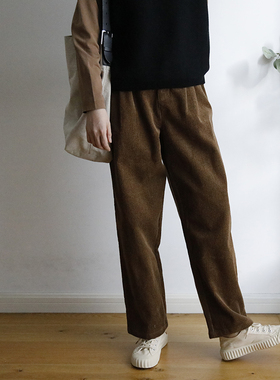 艺间复古文艺日系宽松半松紧腰灯芯绒直筒长裤女2025春秋焦糖咖色