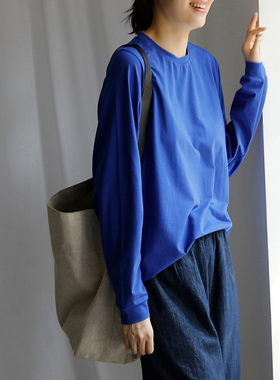 艺间 文艺通勤宽松简约圆领纯棉长袖t恤女 2025春秋显白克莱因蓝