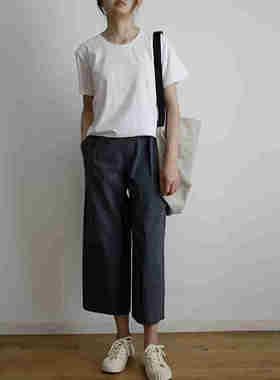 日系通勤宽松纯棉半松紧中高腰薄款九分阔腿直筒裤女士2025夏款