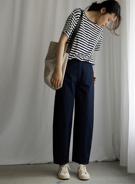 艺间出品 宽松薄款纯棉皱皱蓝白条纹短袖t恤女 2025春夏新款百搭