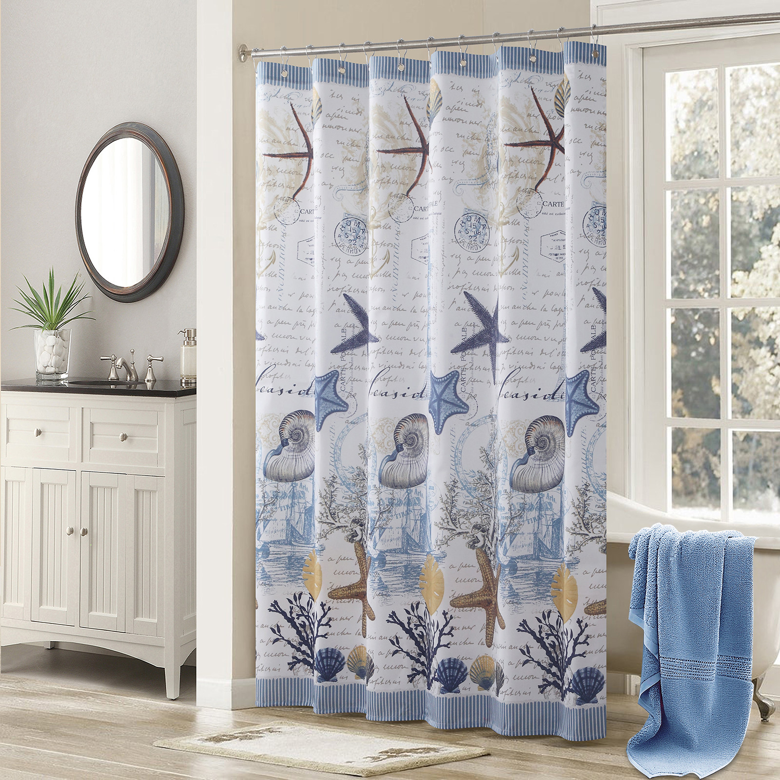 欧式地中海清新海洋加厚涤纶防水防霉浴帘卫生间浴室干湿分离隔断