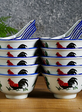 复古怀旧中式公鸡青花瓷奎斗碗釉下彩餐具高脚防烫传统陶瓷汤饭碗