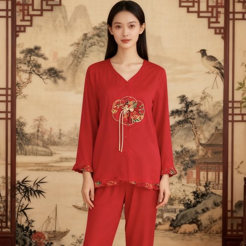 中式风红色睡衣女纯棉薄款九分长袖长裤对襟家居服套装新年本命年