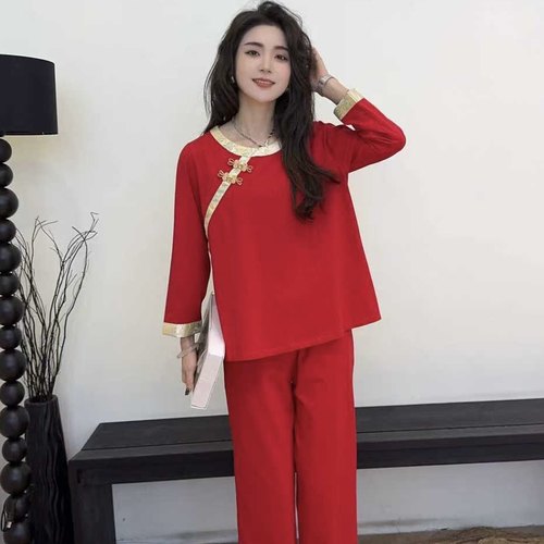 红色中式风睡衣套装女纯棉薄款九分长袖长裤家居服新年喜庆本命年