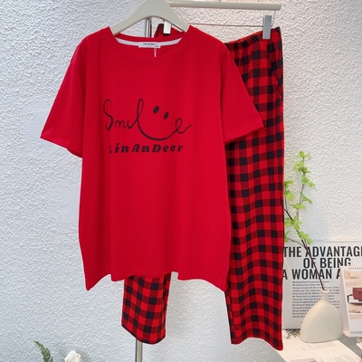 大码纯棉短袖长裤睡衣套装女春夏季薄款宽松家居服200斤格子红色