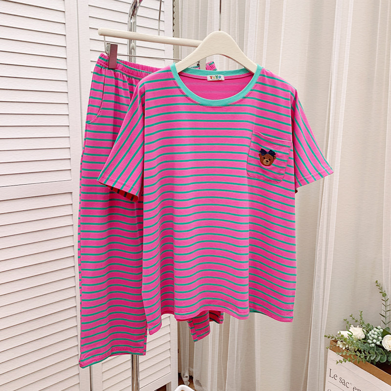 纯棉短袖8分裤睡衣套装女式宽松条纹控家居服春夏季大码韩版圆领