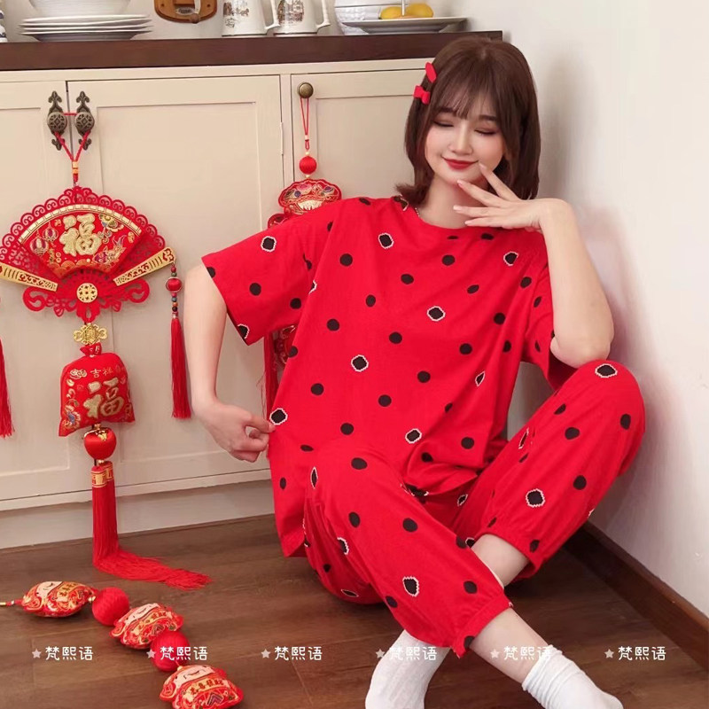 红色睡衣女财神纯棉短袖新年本命年家居服套装宽松韩版薄甜美喜庆