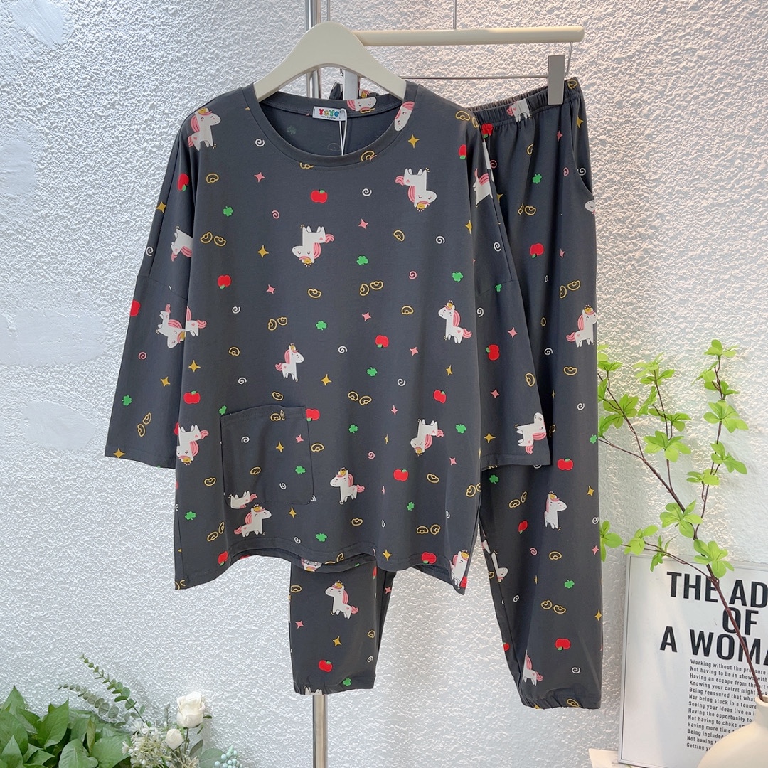 纯棉7分袖长裤睡衣套装女薄款卡通宽松家居服春秋季红色大码小马