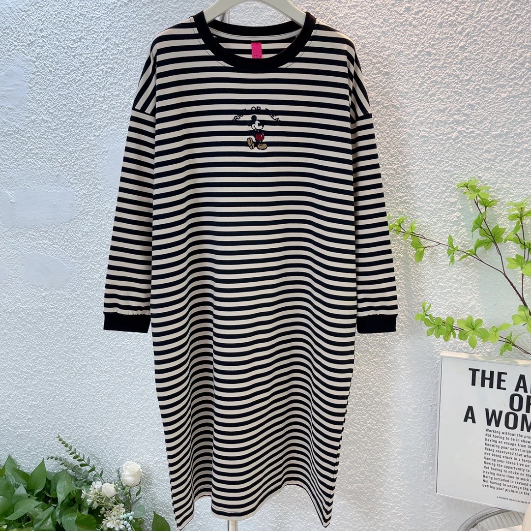 纯棉长袖睡裙女式大码慵懒风中裙家居服春秋季薄款条纹韩版宽松