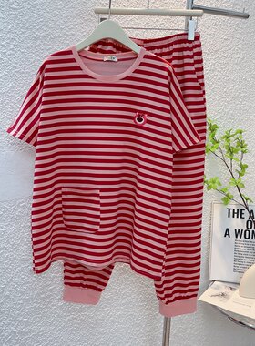 纯棉短袖睡衣套装女九分裤春夏季薄款大码家居服条纹韩版宽松套头