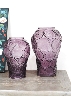 美式复古山茶花浮雕紫色花瓶家用水培插花花器桌面艺术装饰摆件