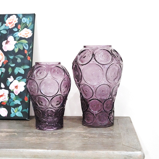 美式 饰摆件 复古山茶花浮雕紫色花瓶家用水培插花花器桌面艺术装