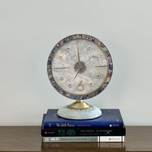 黄铜镶手工贝壳白玉石底座圆形台面静音座钟19 24cm