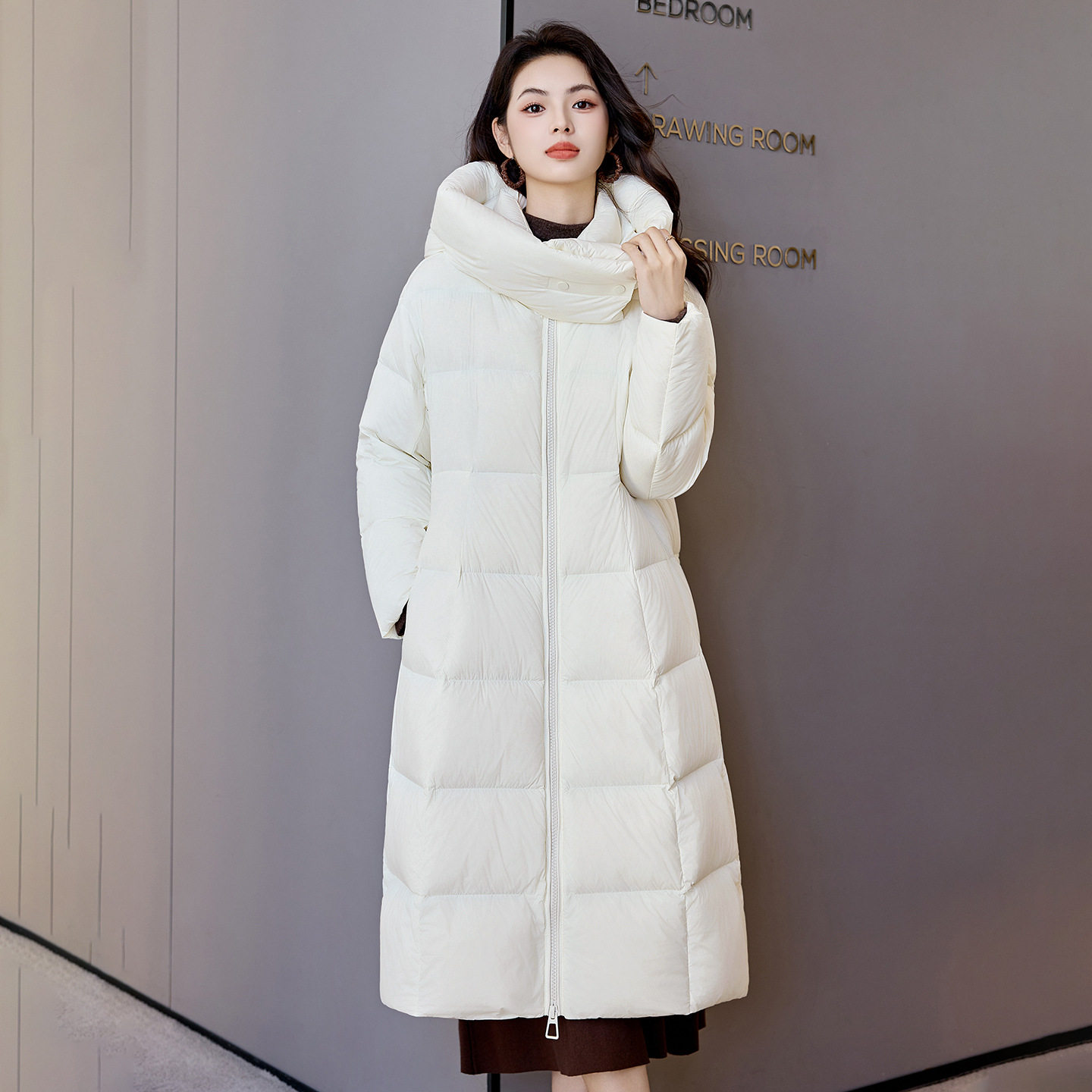 韩版加长款过膝羽绒服2025冬季连帽立领防风A字宽松棉袄
