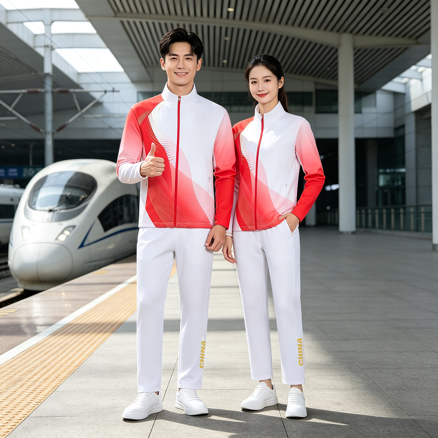 中国队长袖运动服男女团体比赛服出场服教练训练服速干跑步服套装