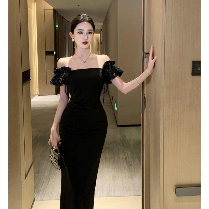 一字领减龄气质修身包臀聚会礼服裙 女装春夏新款连衣裙