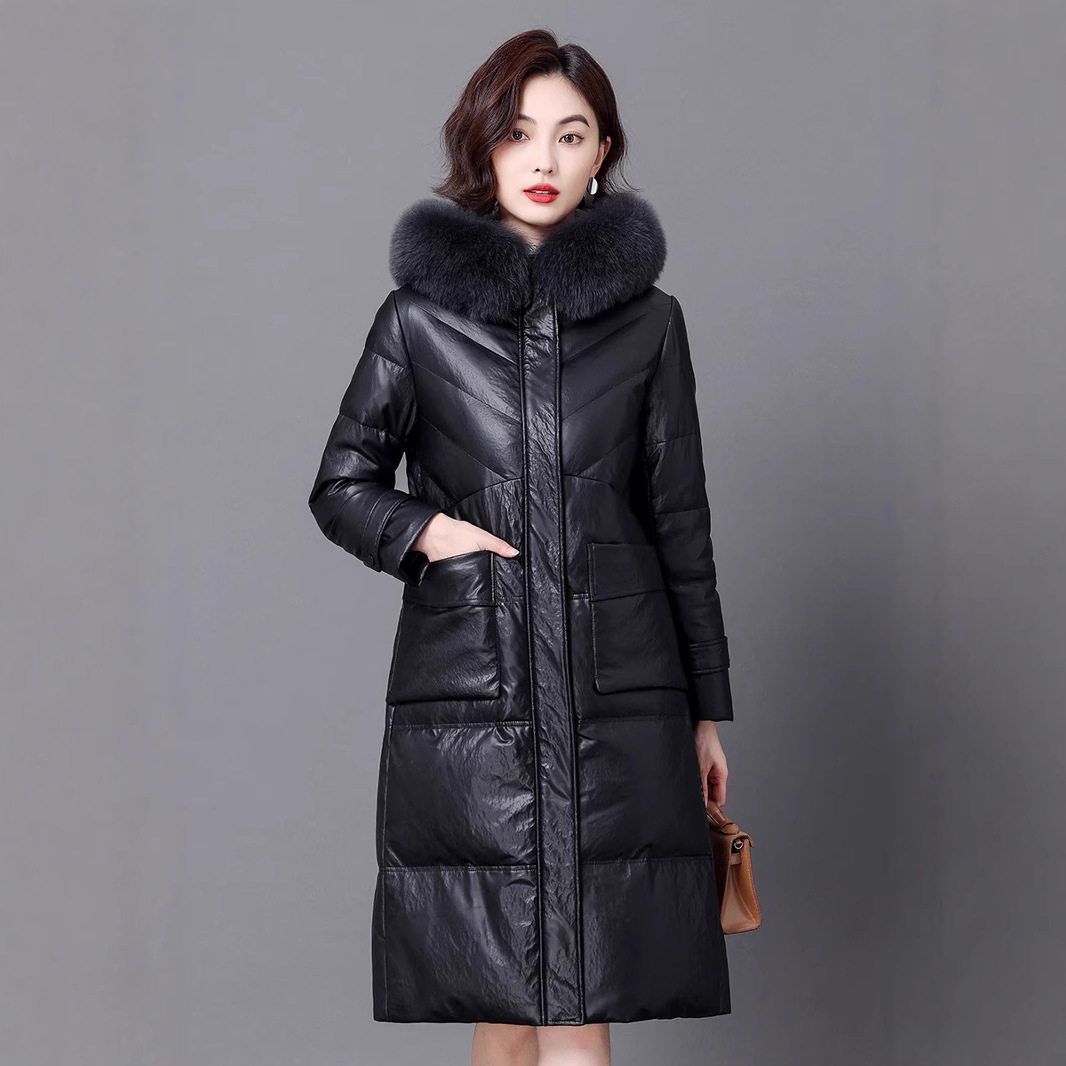 高端真皮羽绒服女高级感绵羊皮羽绒大衣休闲长款90白鸭绒外套女冬