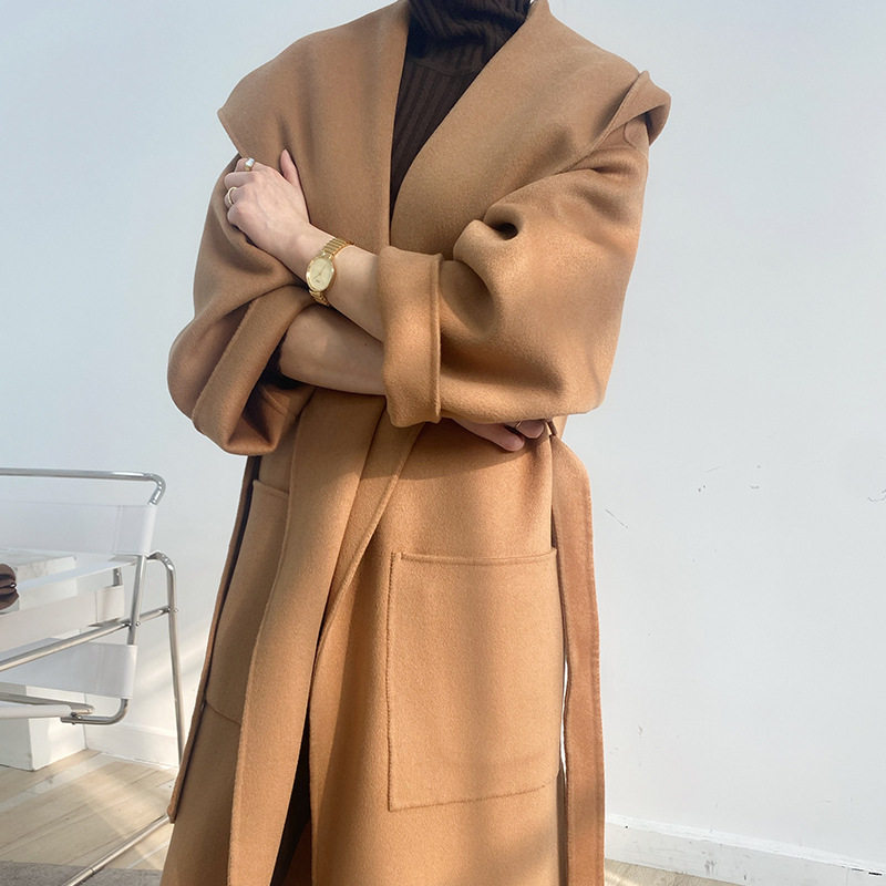 高端max双面羊绒大衣女中长款2024 新款韩版连帽加厚修身毛呢外套