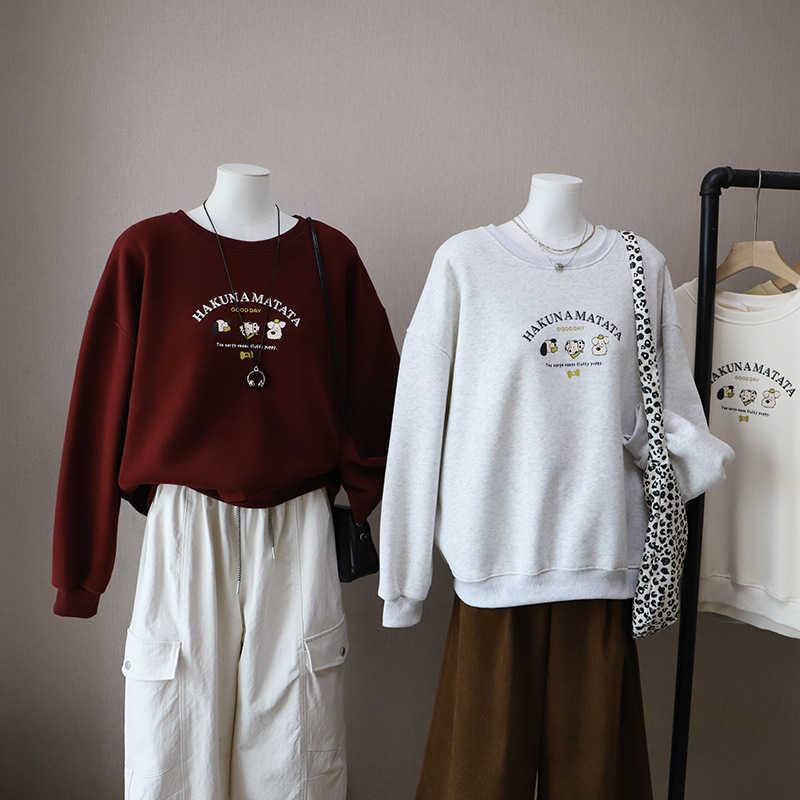 2025冬季新款韩版字母卡通印花宽松加绒加厚百搭卫衣女