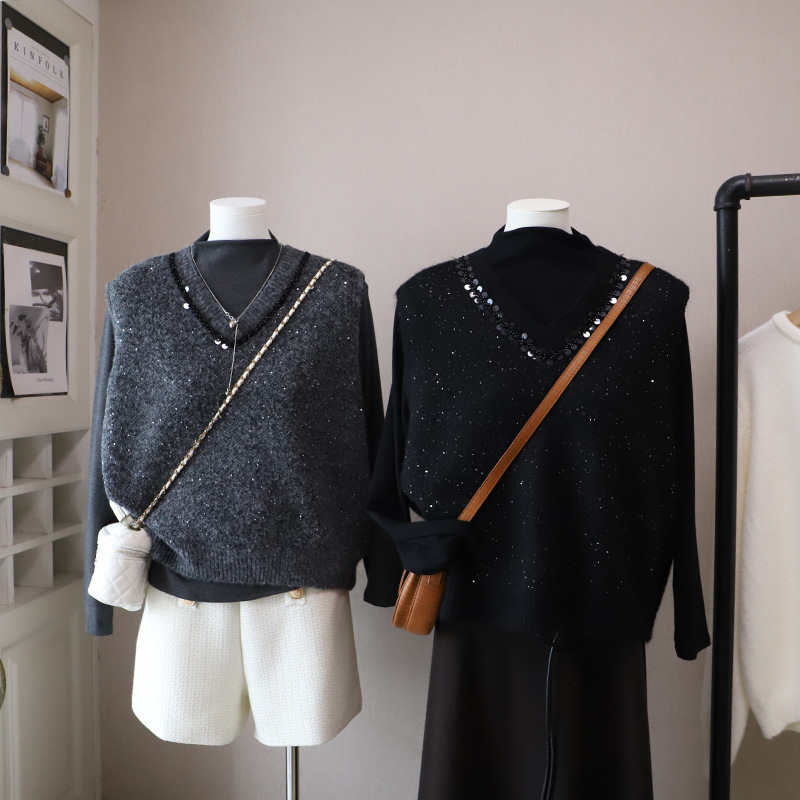 2025秋季新款韩版时尚两件套打底衫+V领亮片针织马甲女
