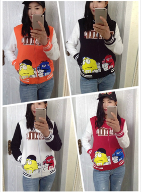 外套棒球衫女装出口印花MM豆红色双色字母春秋立领拉链开衫上衣