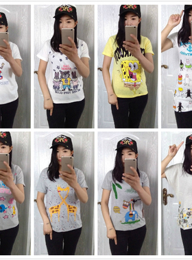 短袖T恤 ROUGH出口日单宝妈 白色竹节棉 刺绣 贴布印花女学生条纹