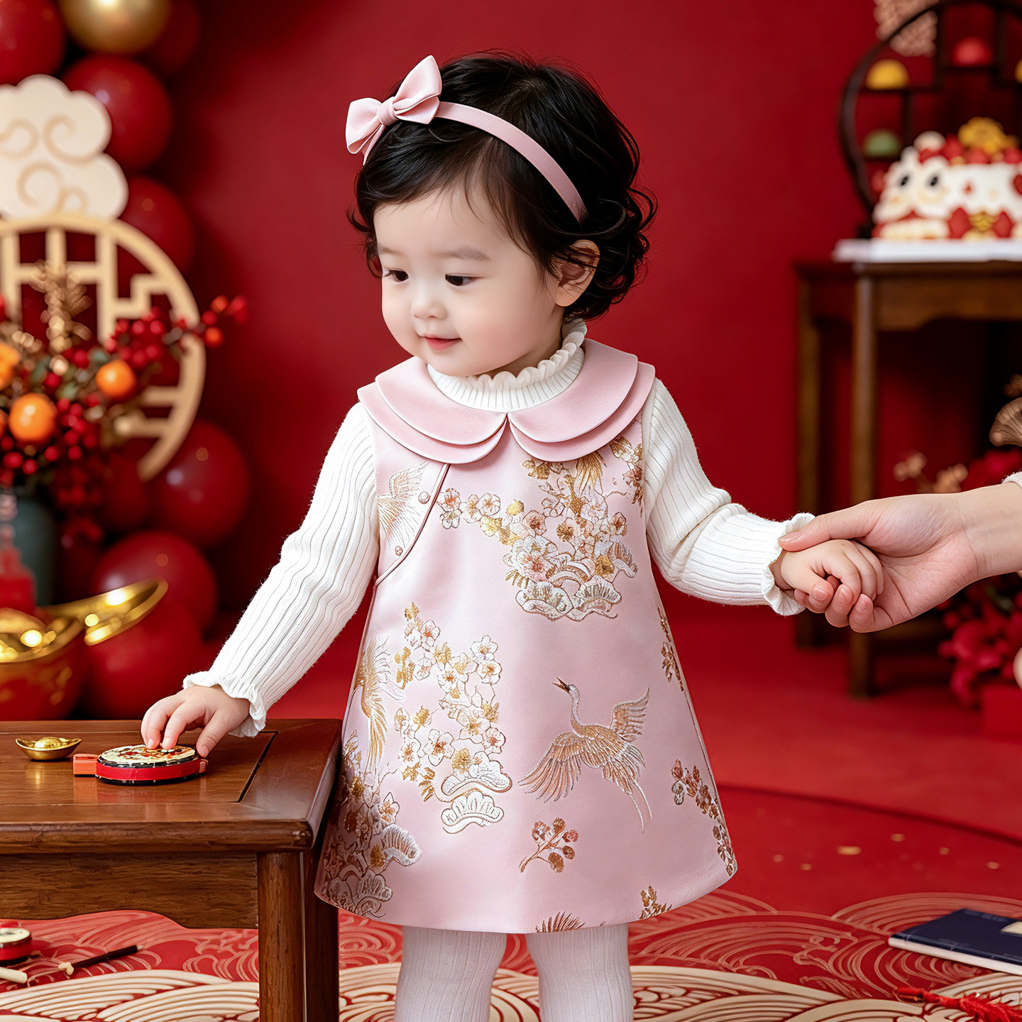 周岁女宝宝礼服秋冬粉色抓周宴生日新中式连衣裙一岁衣服女童套装
