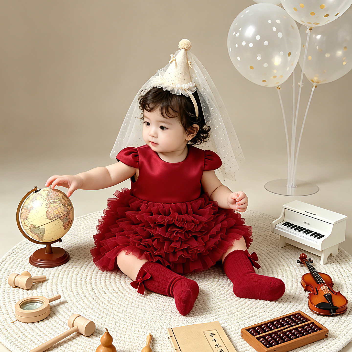 周岁女宝宝礼服夏薄款日常可穿红色一岁抓周宴裙子儿童生日公主裙