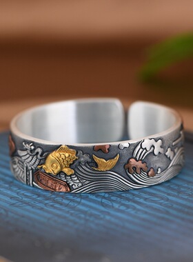 鲤鱼跃龙门手镯999足银精致男款