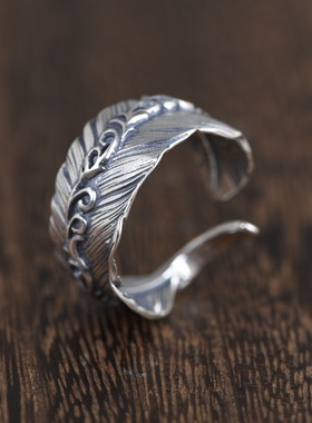 羽毛戒指S925纯银复古男款