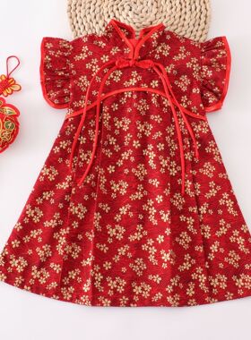 女童中国风连衣裙红色碎花新款裙子表演服拜年服dress跨境大摆裙