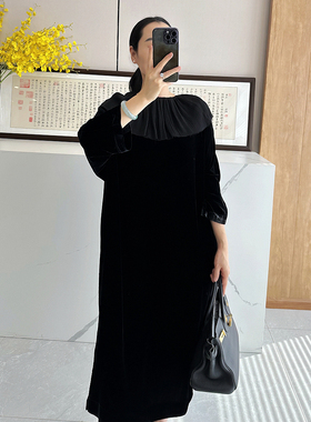 C4650 时尚巴黎的老店 赞 减龄压褶娃娃领 高端真丝丝绒连衣裙 长