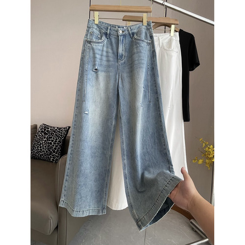 C5069 时尚巴黎的老店 及为舒适  洋气百搭 时髦破洞阔腿牛仔裤女