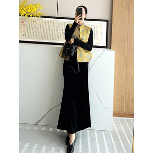 质感好显瘦优雅黑天鹅绒 C4822 老店 巴黎 松紧腰丝绒长半裙 时尚