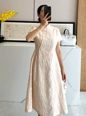 C4419 时尚巴黎的老店 贵气与柔美！丝棉内衬 粉色提花改良旗袍裙