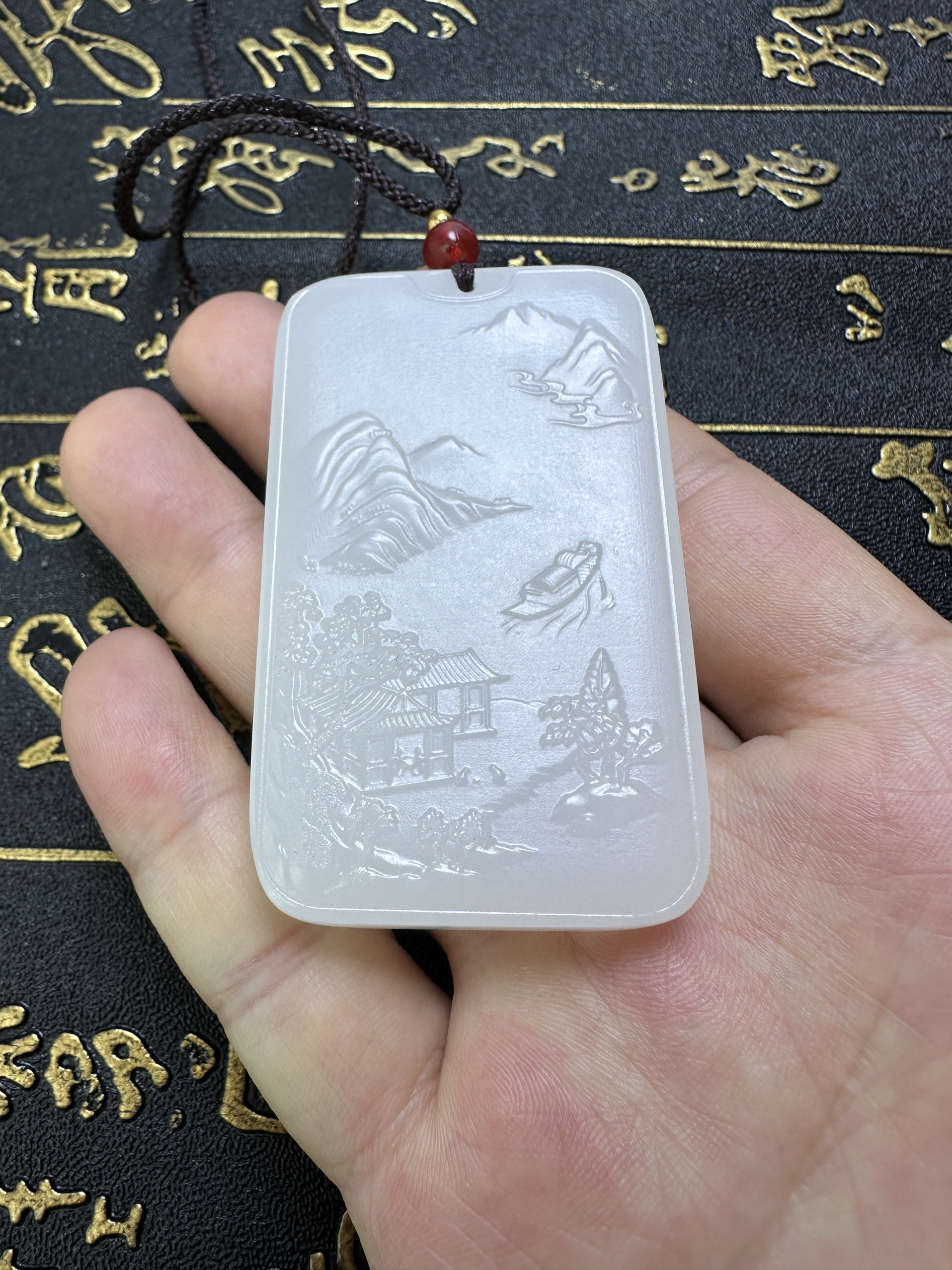 和田玉羊脂白山水牌双面吊坠意境山水牌子挂件玉吊坠项链挂件挂绳