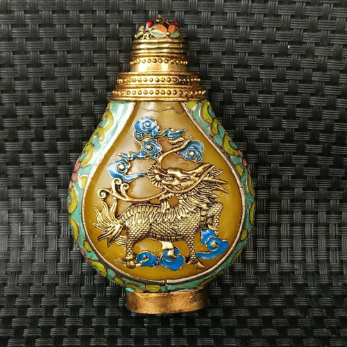 纯铜仿蜜蜡铜镶蜜蜡麒麟景泰蓝鼻烟壶蒙古族特色内画鼻烟壶烟具