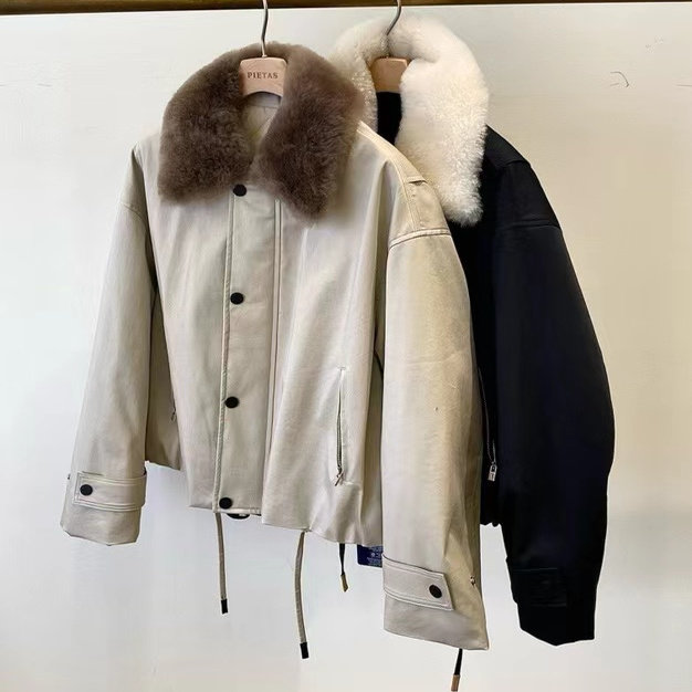 老钱风复古羊绒毛领撞色拼接派克服宽松休闲百搭工装外套