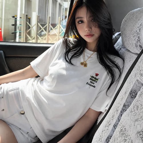 ROSE MONEY 简约印花logo纯棉T恤 高克重宽松美式潮牌MMNF