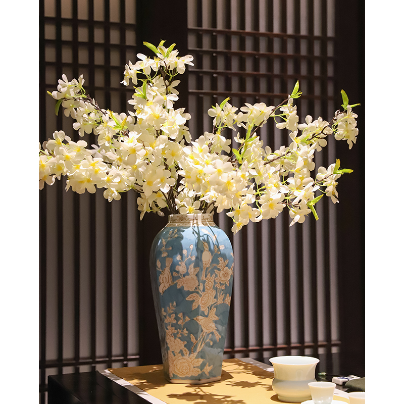 新中式青花瓷手绘釉下彩陶瓷花瓶客厅玄关插花水培干花假花桌面