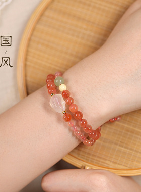 原创冰飘南红玛瑙手串荔枝冻小玉兔和田玉蜜蜡隔珠双圈手链女手饰