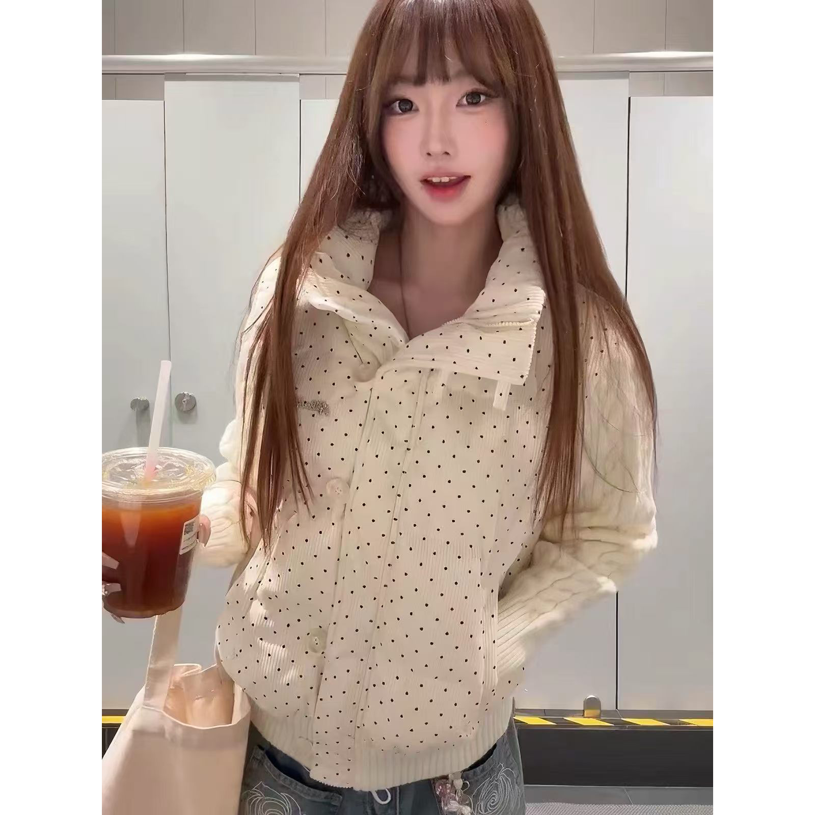 韩系波点针织拼接加厚短款面包服