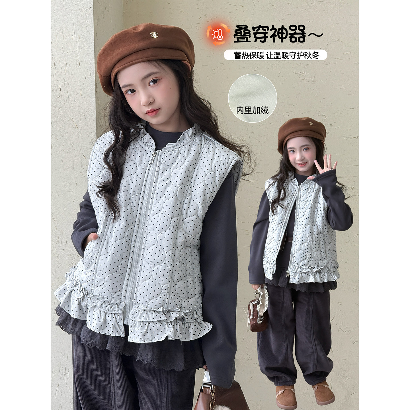 女童夹棉马甲2025冬季新款儿童加绒外套中大童加厚韩版洋气上衣潮