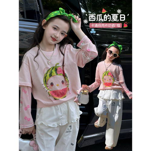 女童防晒衣2026夏季新款儿童薄款假两件长袖上衣中童卡通印花外套
