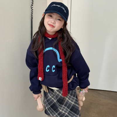 童卫衣2025冬款男女童连帽加绒加厚藏青色长袖卫衣中性风休闲上衣